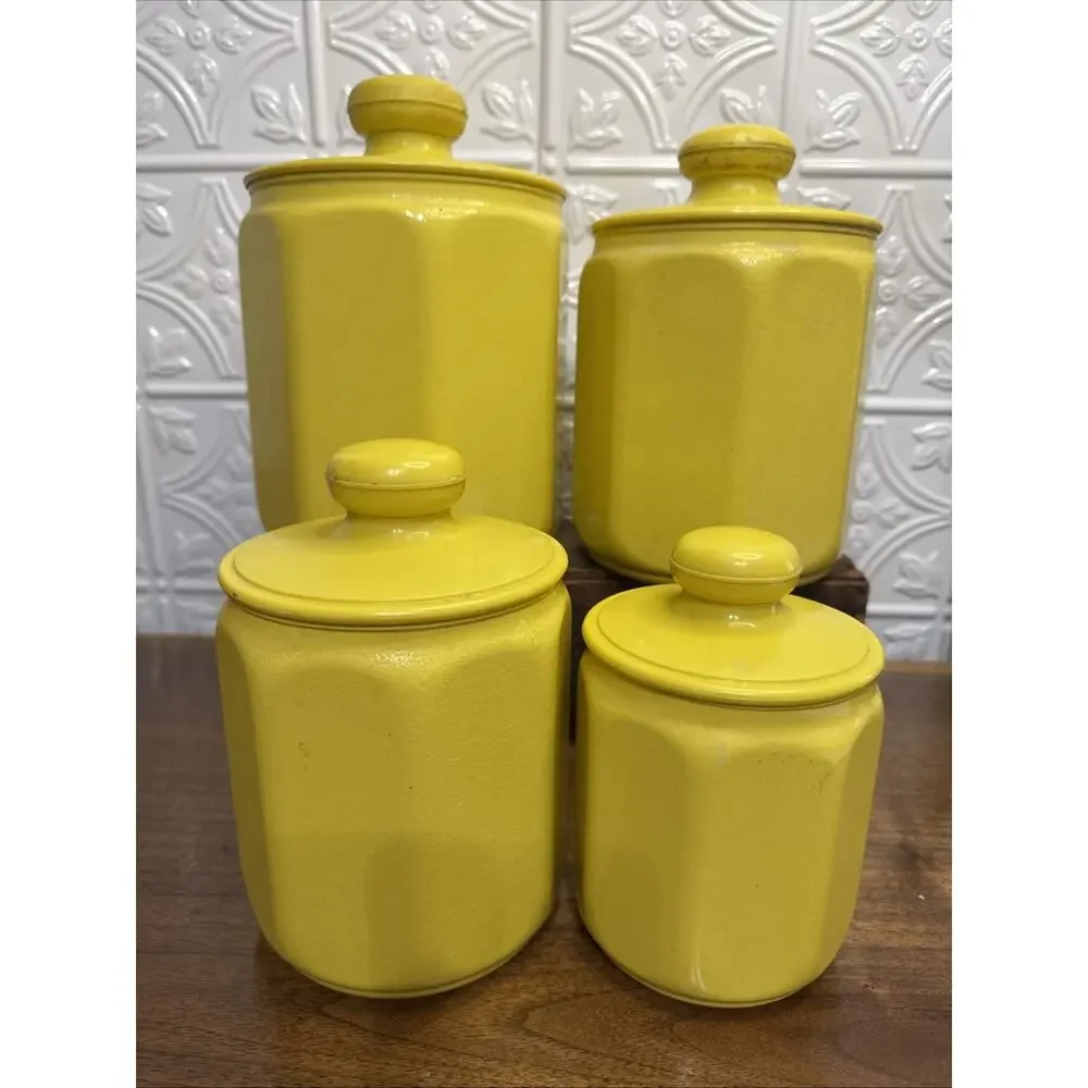 Vintage Kromex Faceted Aluminum 4 Canister Set Yellow Fruit Floral Plastic Lids